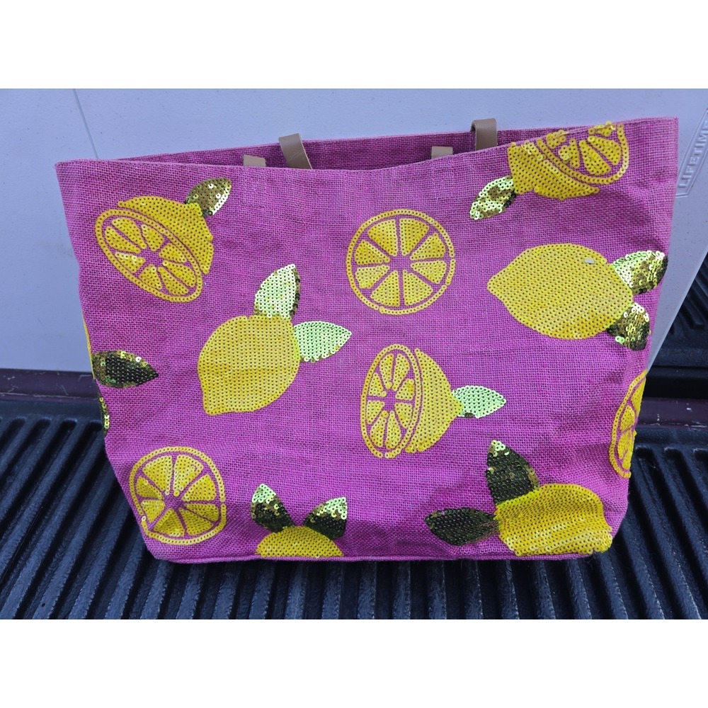 Mud Pie Tote Bag Lemon Sequins Jute Handbag‎ shopping beach pool fun and bright